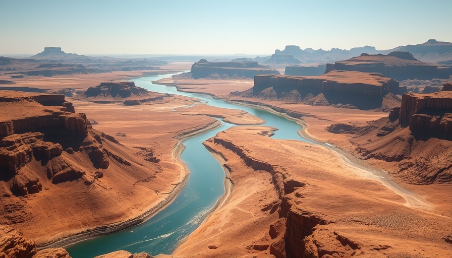 Desert mountains embracing Colorado River under a bright sky.
