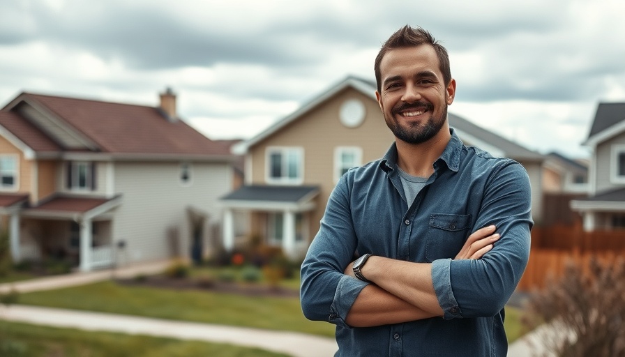Casual man smiling outside home under cloudy sky.