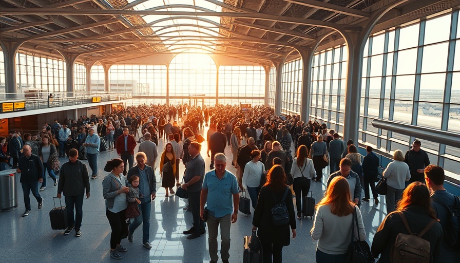 Travelers at a Spanish airport terminal during golden hour.