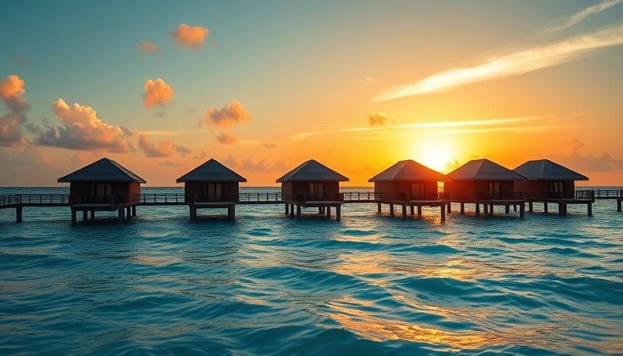 Overwater bungalows in Maldives at sunset for Experience Maldives campaign.