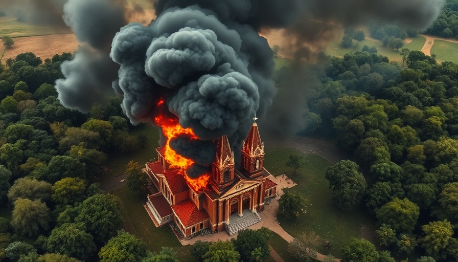 Michigan church engulfed in flames, black smoke rising, aerial view.