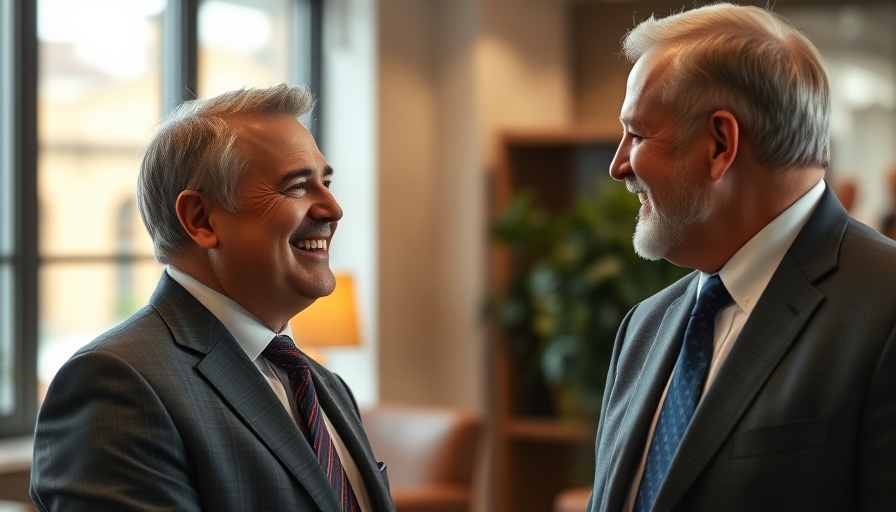 Office scene with two men in suits, highlighting collegial atmosphere.