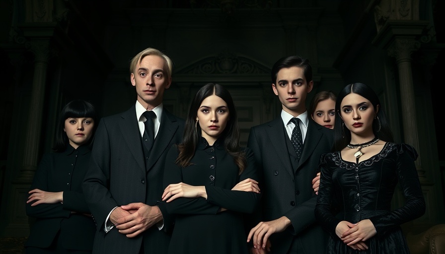 Addams Family in gothic setting, classic portrait, family values