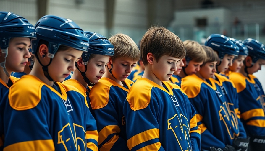 Hockey players in a circle for center-ice prayers and Christian teachings.