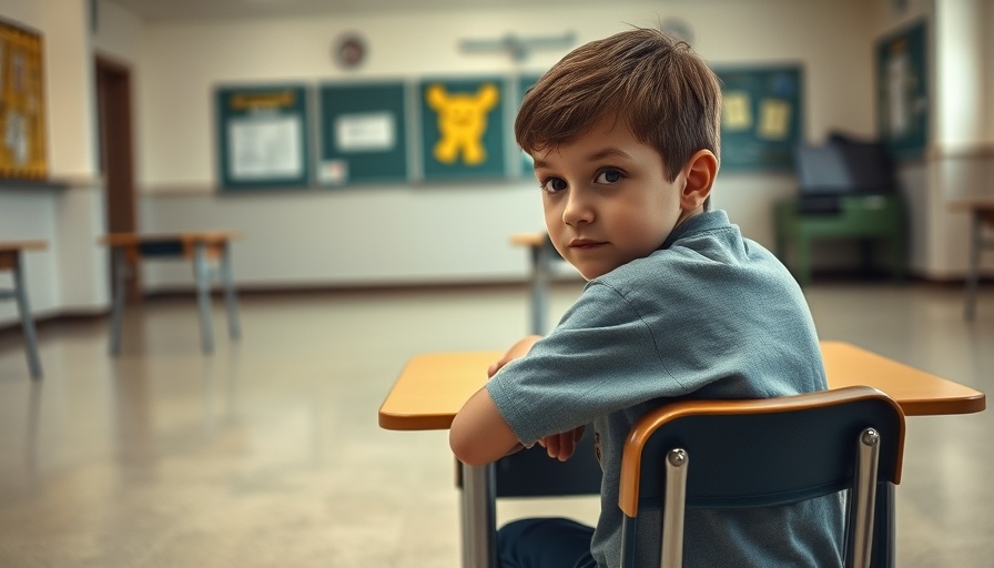 Young boy sitting alone at school table, contemplative mood.