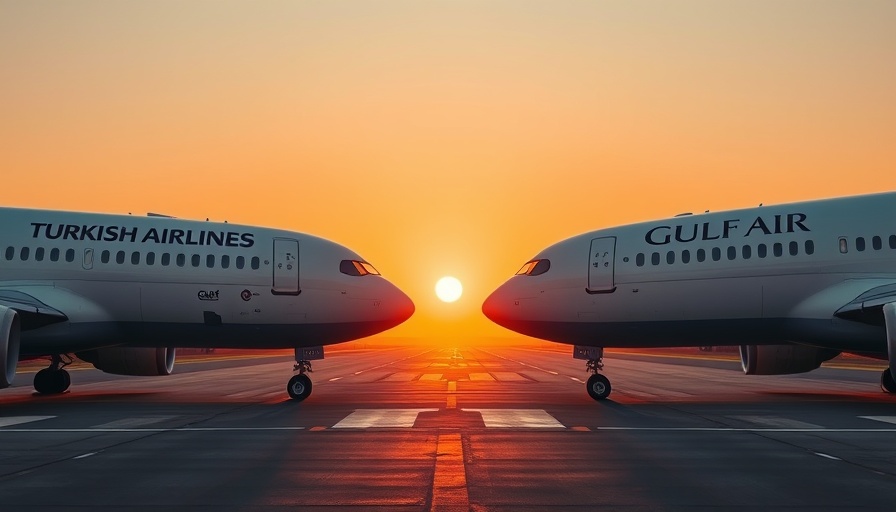 Turkish Airlines and Gulf Air Partnership planes at sunrise on the runway.