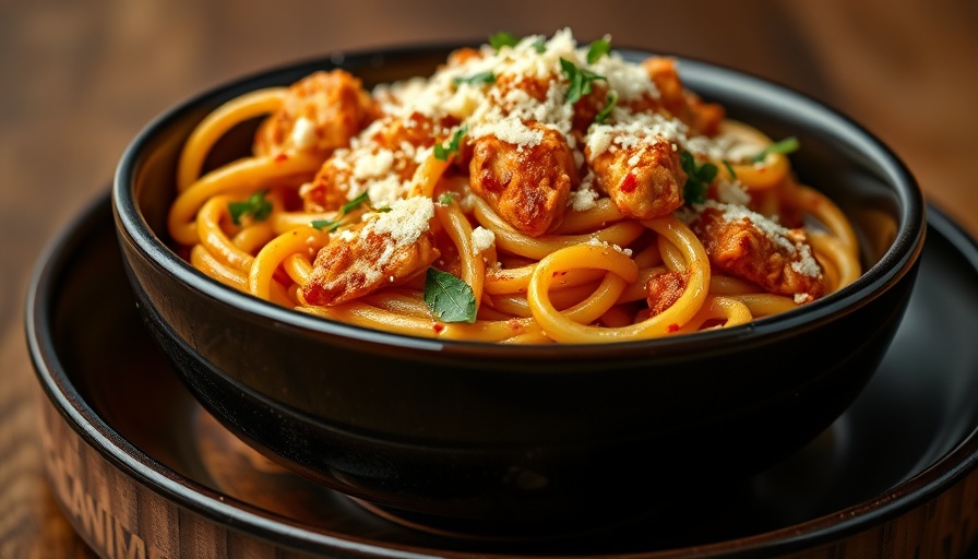 Healthy Cajun Chicken Pasta with Parmesan in a ceramic bowl.