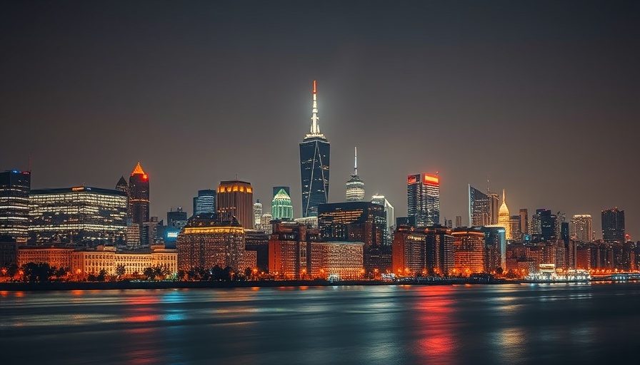 Nighttime skyline of Twin Cities with reflections.