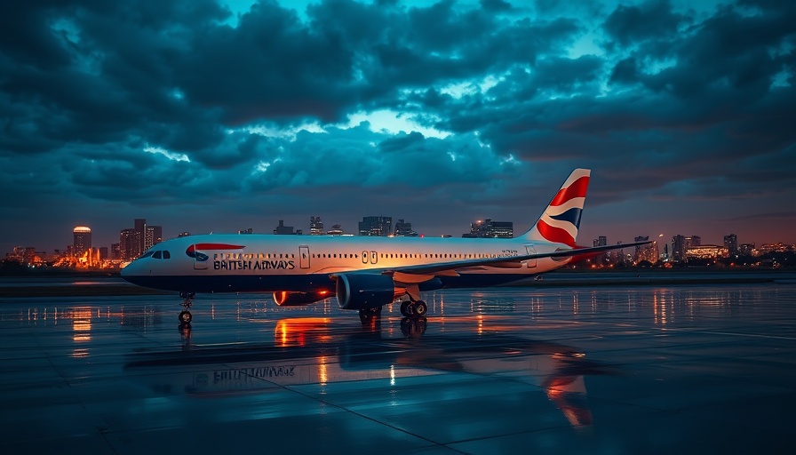 British Airways aircraft on wet runway at night with city lights.