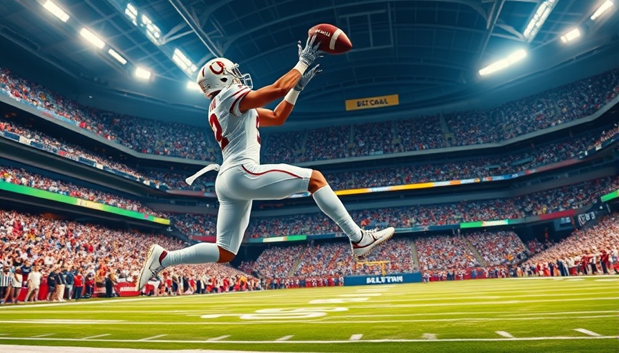 Football player makes a leaping catch during a thrilling game moment.