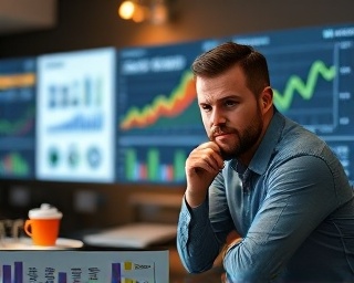 strategic content strategy, thoughtful expression, analyzing metrics, photorealistic, digital workspace with analytic charts, highly detailed, interactive elements, depth of field, earthy tones, spot lighting, shot with a 24-70mm lens.