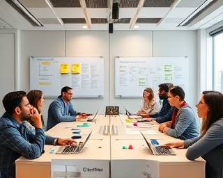 cyclical content lifecycle, determined expression, planning phases, photorealistic, boardroom with flowcharts and sticky notes, highly detailed, active participation, high resolution, pastel hues, natural daylight, shot with a 35mm prime lens.