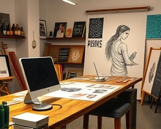 creative content creation, inspired expression, designing graphics, photorealistic, art studio with digital tablets and sketches, highly detailed, artistic tools, clarity and contrast, bold colors, softbox lighting, shot with an 85mm lens.