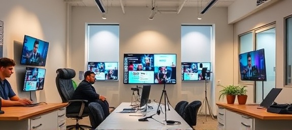 efficient content distribution, committed expression, optimizing reach, photorealistic, marketing office with multiple screens, highly detailed, diverse channels, clear details, neutral palette, environmental lighting, shot with a 50mm f/1.4 lens.