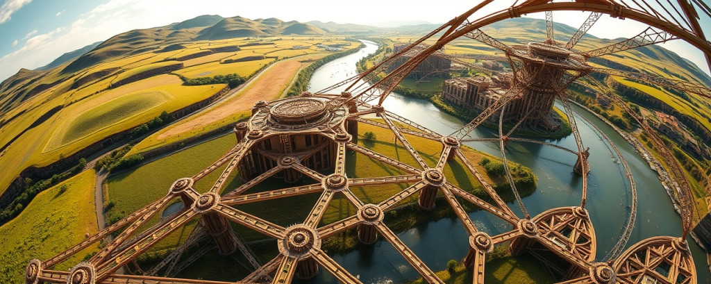 modular architecture framework, visionary, intertwined and extending in a dynamic pattern, photorealistic, situated within a natural landscape with rolling hills and a river, highly detailed, interconnected nodes and paths, ultra-fine detail, earthy brown and lush green, natural morning light, shot with a fish-eye lens.
