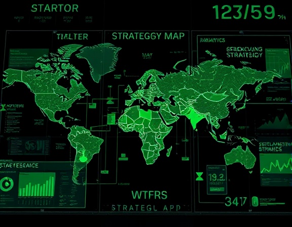 innovative strategic map, analytical, presenting, photorealistic, digital workspace with holographic displays, highly detailed, interactive elements, crisp resolution, green and black hues, direct overhead lighting, shot with a 24mm lens.