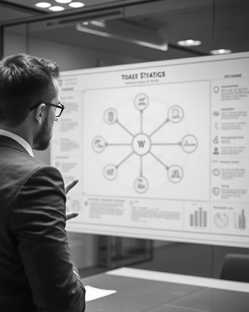 intricate strategic diagram, contemplative, explaining, photorealistic, corporate meeting room with a glass board, highly detailed, animated graphics, high definition, monochrome with colorful accents, studio lighting, shot with a macro lens.