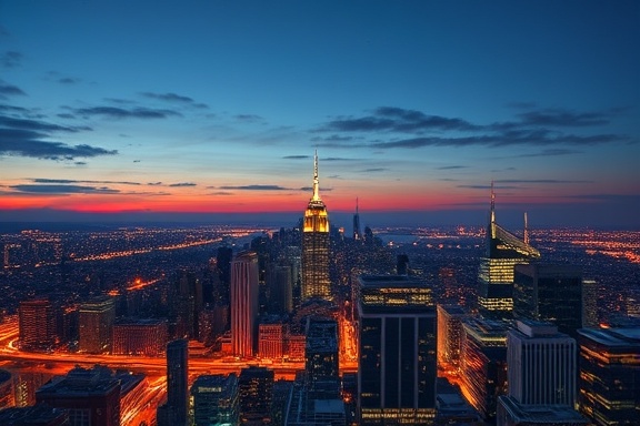 comprehensive strategic vision, optimistic, envisioning, photorealistic, skyline view with city lights, highly detailed, flowing network lines, ultra-high definition, twilight colors, natural dusk lighting, shot with a 50mm lens.