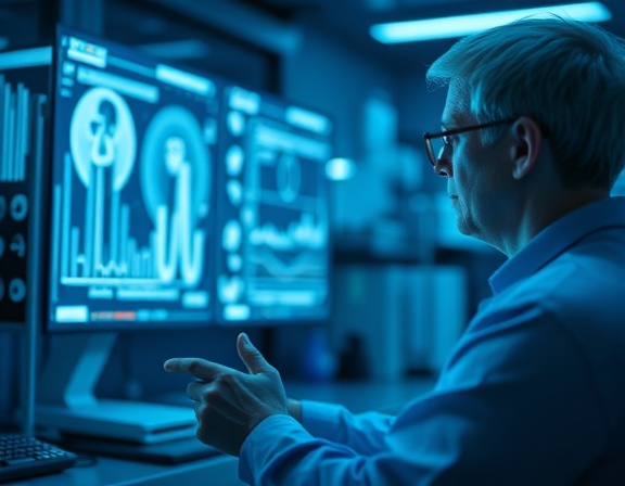 structured clarity analysis, contemplative, reviewing data patterns, photorealistic, futuristic lab with holographic displays, highly detailed, flowing data visualizations, macro resolution, cool blue, ambient lighting, shot with a macro lens.