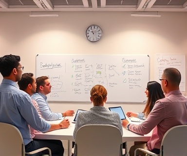 innovative clarity design, inspired, creating seamless user interfaces, photorealistic, collaborative studio with brainstorming whiteboards, highly detailed, design avatars around, wide-angle, vibrant pastel, soft studio lighting, shot with a wide-angle lens.