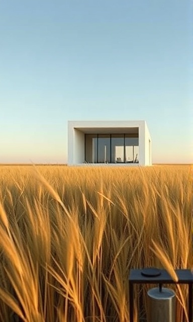 minimalist architecture, expressing elegance, removing unnecessary elements, photorealistic, vast open field with a single modern structure, highly detailed, gentle breeze swaying tall grass, technical focus, warm tones, golden hour lighting, shot with a wide-angle 24mm lens.