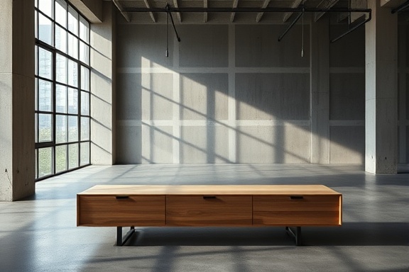 pared-back furniture piece, exhibiting functionality, reducing complexity, photorealistic, urban loft with concrete finishes and large windows, highly detailed, reflecting natural light with subtle shadows, high-definition texture, muted palette, natural daylight, shot with an 85mm lens.