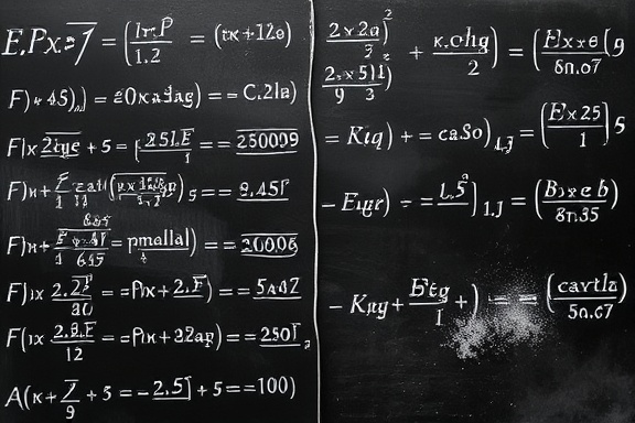 essence of mathematics, conveying understanding, subtracting variables to refine equations, photorealistic, chalkboard filled with precise formulas alongside erased sections, highly detailed, dust particles suspended in air, clear focus, monochrome with chalk highlights, studio lighting, shot with a macro 100mm lens.