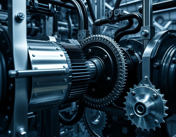 complex systems alignment, interconnected network, calibrating, photorealistic, industrial hub with mechanical components, highly detailed, moving gears, high contrast, stainless steel and black, dramatic chiaroscuro, shot with a 35mm lens.