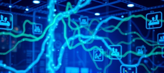 dynamic AI synergy, seamless collaboration, optimizing, photorealistic, digital workspace with floating UI elements, highly detailed, pulsing veins of light, high resolution, neon hues of blue and green, diffused overhead lighting, shot with a 50mm lens.