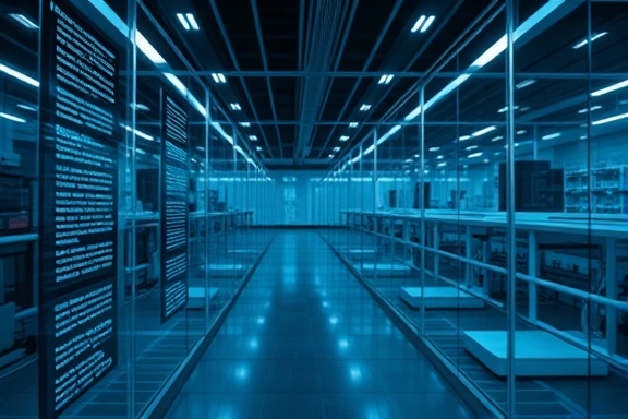 innovative systems alignment, structured synergy, aligning, photorealistic, futuristic lab with glass surfaces, highly detailed, dynamic code flow, sharp focus, transparent and opaque alternating, indirect LED lighting, shot with a 28mm lens.