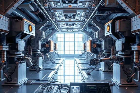 seamless AI coherence, effective synchronization, balancing, photorealistic, tech-filled environment with modular design, highly detailed, circulating energy fields, fine texture, warm metallic tones, natural window light, shot with a 70-200mm lens.