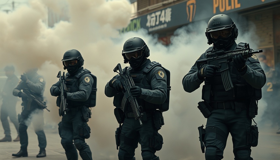 Insurrection Act scene in Chicago with officers amidst smoke.