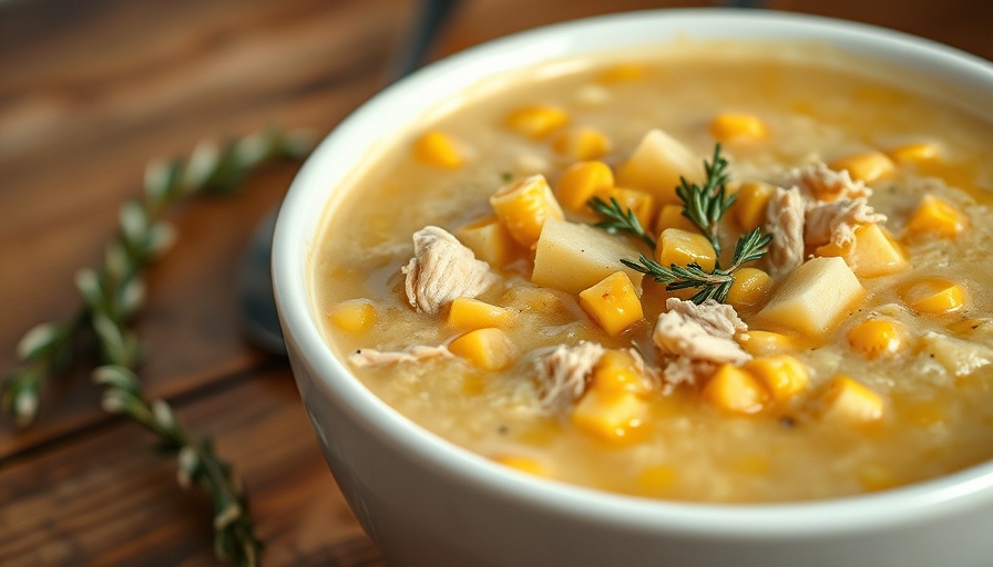 Bowl of leftover turkey corn chowder with herbs.