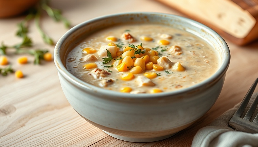 Leftover turkey corn chowder in a white bowl with herbs.
