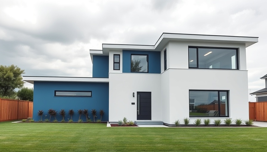 Modern suburban house in Sora Community Calgary with blue exterior.