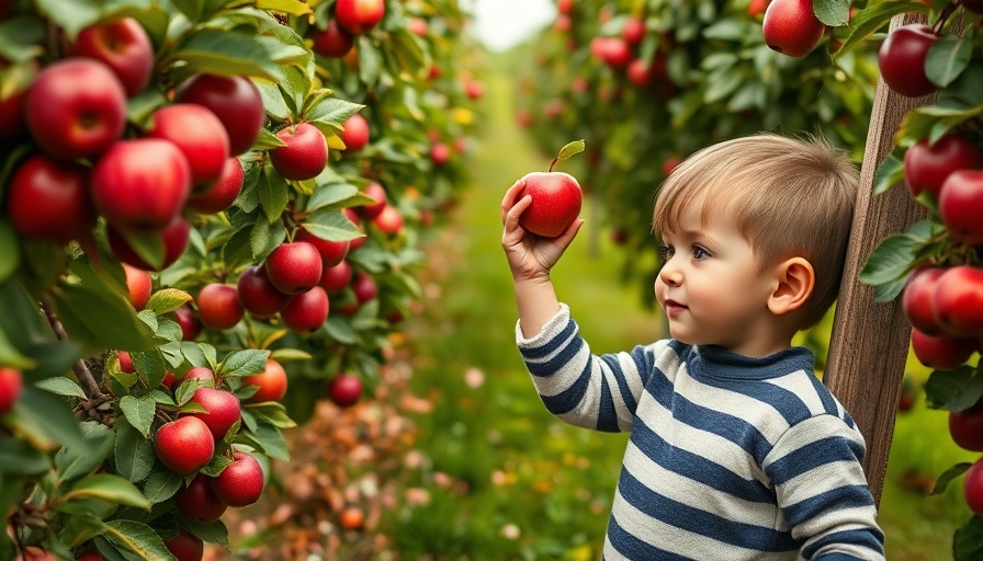 Apple picking in an orchard near Toronto with a child reaching for apples