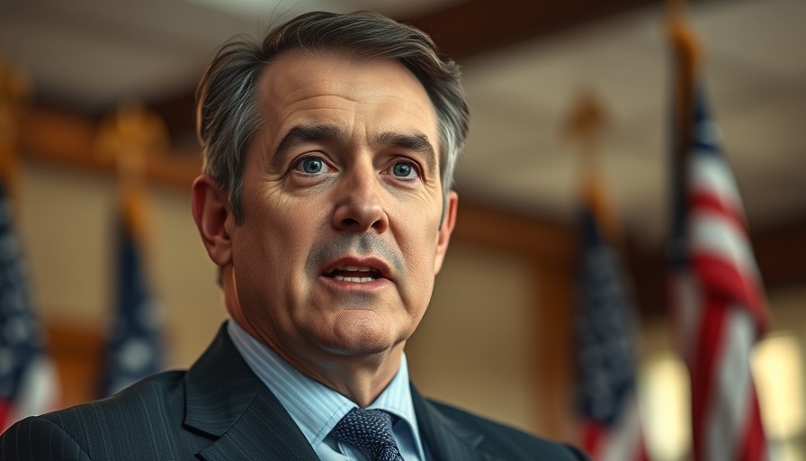 Professional male speaking with flags in the background, solemn expression.