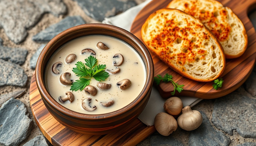 Creamy mushroom soup with garlic bread, best soups in Calgary.