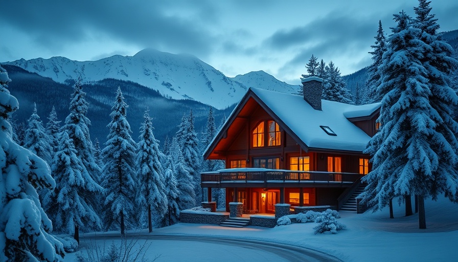 Christmas in the Canadian Rockies: snowy lodge under twilight.