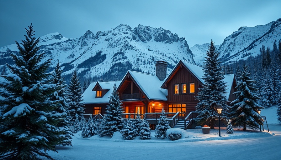 Christmas in the Canadian Rockies: snow-covered lodge with mountain backdrop.