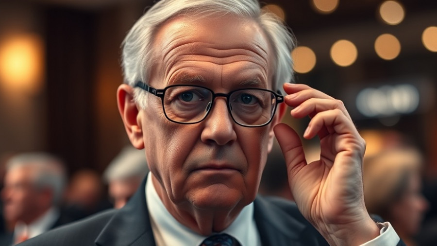 Older man adjusting glasses, serious look, blurred background.