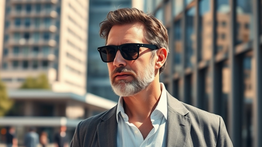 Middle-aged man in sunglasses walking confidently in urban setting