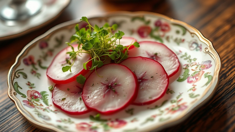 Elegant dish at ACME Pizza & Pasta Co. with radish carpaccio on a floral plate.