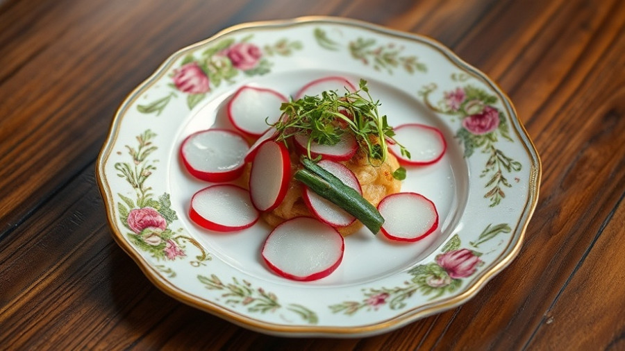 Exquisite gourmet dish by Acme Pizza & Pasta Co. Calgary on floral plate.