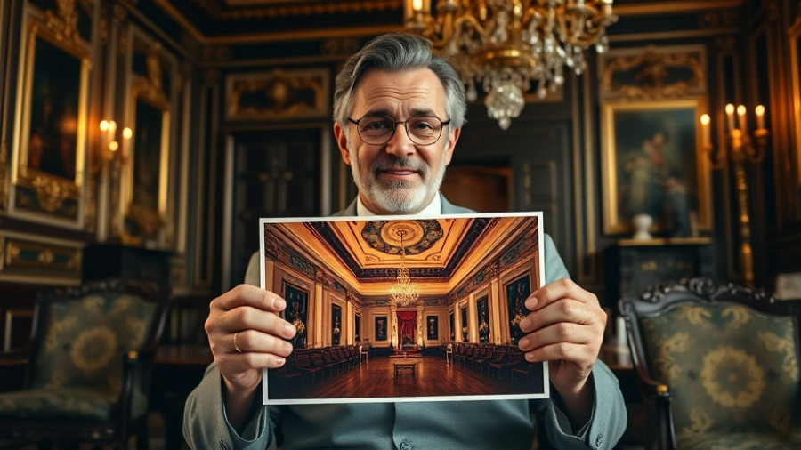 Prominent person holding a ballroom image in ornate room, donors funding White House ballroom.