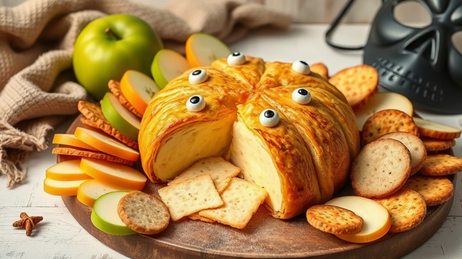 Halloween Brie wrapped in pastry with spooky eyes, surrounded by bread and apples.