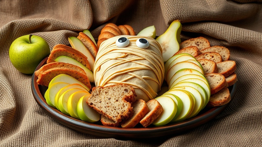 Wrapped Halloween Brie styled like a mummy with fruit and bread.