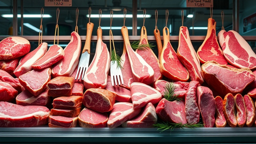 Fresh meat cuts displayed in a deli case, illuminated by bright lights.