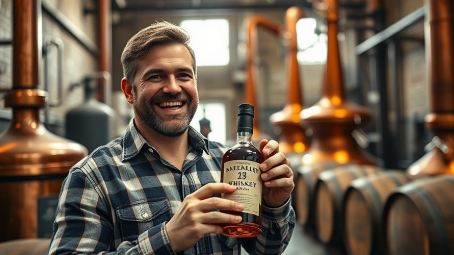 Cheerful man in Calgary craft distillery holding whiskey bottle.