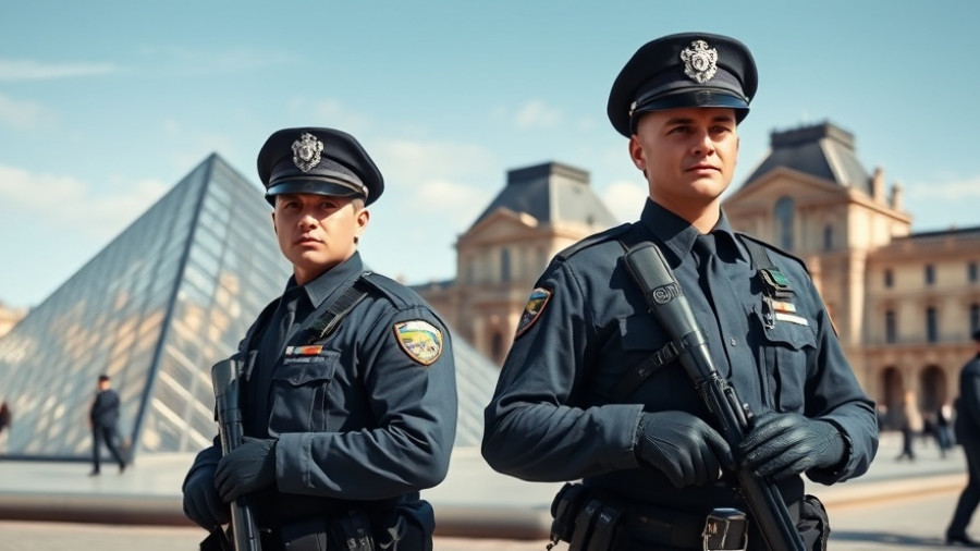 Police officers at Louvre Museum ensuring security amid jewel heist concerns.